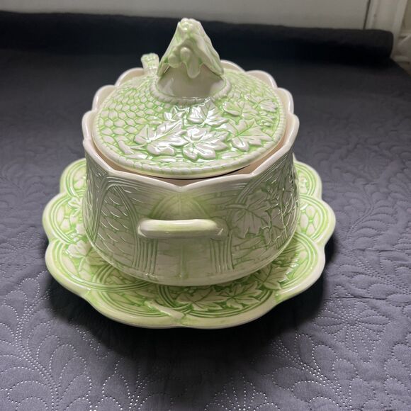 VTG Green Leaf Lattice Ceramic Soup Tureen Gravy Boat Platter Set w/Ladle Server - Picture 3 of 13